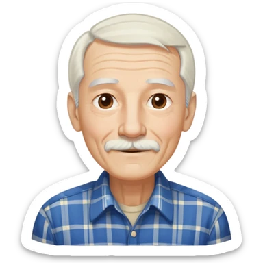 Elderly thin man with light skin. Elongated face with kind smile. Long straight white hair reaching down to chest, with some bangs. Light brown eyes. Thin eyebrows. White goatee and mustache. Very slim build. Wearing a blue and beige plaid shirt. sticker