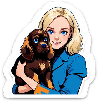 Blonde haired girl with blue eyes holding Boykin spaniel sticker
