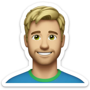 35 year old guy smiling with short fair hair, medium stubble , blue eyes and with green t-shirt sticker