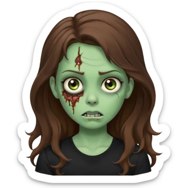 crie uma garotazoombie cabelo ondulado 2c longo castanho castanho comprido e blusa básica preta sem nada com pele esverdeada com rosto fofo  sticker