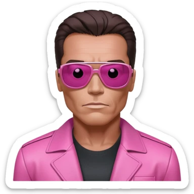 Schwarzenegger-like Terminator, upper body only, wearing his iconic clothes in pink (all clothes must be pink), looking more human with minimal robotic details, and wearing dark sunglasses, hair must be dark sticker