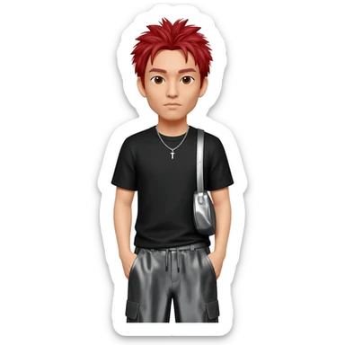 Mike Shinoda with brown eyes, red hair, black metallic t-shirt, charcoal metallic baggy pants, silver necklace sticker