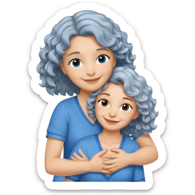 Silver hair, wavy/curly hair chin-length lady giving hug with 2 arms,  v-neck and smiling, add a heart, blue shirt sticker