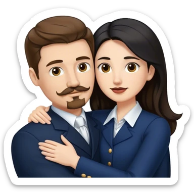 tall white man with brown hair goatee mustache hugging a pale woman with long black hair, wearing navy formal clothing sticker