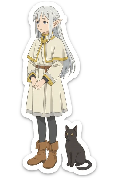 Frieren from Frieren: Beyond Journey's End, standing with a black cat at her feet, anime style, serene mood sticker