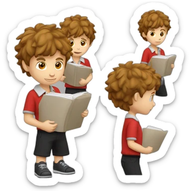 Caucasian-boy-child-shaggy-brown-hair-red-polo-shirt-black-trousers-doing-homework sticker