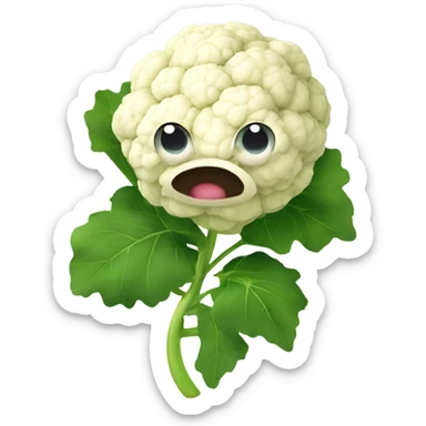Cauliflower with cute big eyes holding a mirror, surrounded by leaves. sticker
