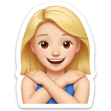 Girl crossing her arms while holding her neck laughing sticker