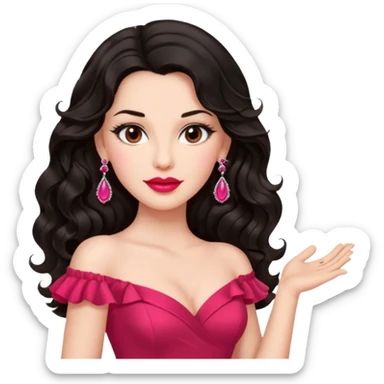 confident brunette woman, long black wavy hair, pink lipstick, red dance dress, big earrings, mature look sticker