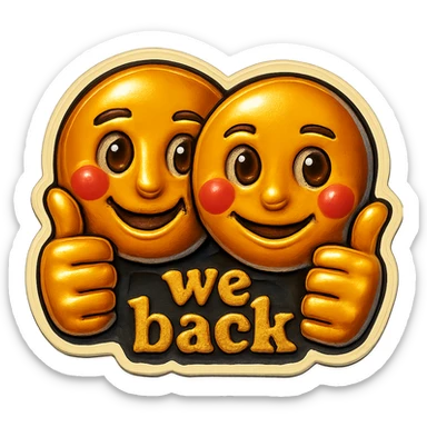 Add the words 'we back' subtly below the thumbs up, keep the rest of the emoji unchanged, preserve transparent background. sticker