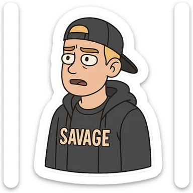 young man with short blonde hair, blue eyes, light skin, dark cap, dark hoodie over a "SAVAGE" t-shirt, white outline sticker effect sticker
