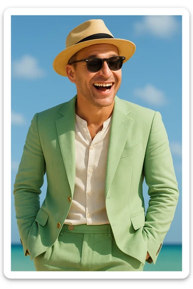 Make the man more animated and Scandinavian with lively expression and Scandinavian features. Keep the light green linen suit, sunglasses, and straw hat. sticker