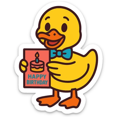 duck with bowtie holding birthday card, vibrant-toon style sticker