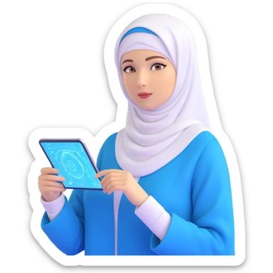 woman with white hijab wearing blue outfit, working with futuristic screens showing advanced holographic interfaces, AI visualizations, quantum data patterns, circuit networks, high-tech metaverse elements sticker
