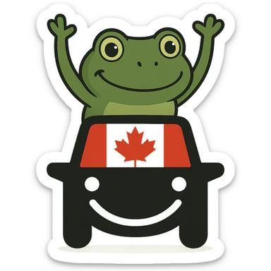 Combine the black car with a Canadian flag on the windshield from the first reference image and the green frog with arms raised from the second reference image so that the frog is riding on top of the car. The style should be clean and playful with a transparent background. sticker