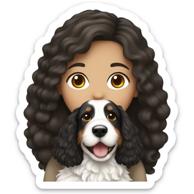 white girl with long dark hair holding white bernedoodle sticker