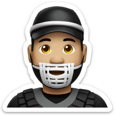 Fat Korean baseball umpire in a black outfit with mask sticker