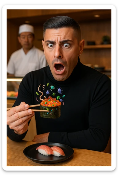 a man sits at a sushi bar, holding his chopsticks above a gunkan of salmon. As he looks closely, he notices visible parasites and bacteria—depicted as small worms and colorful bacterial shapes—on the surface of the sushi. His eyes widen and his mouth opens in shock, clearly alarmed. The background shows the sushi counter and chef, but the focus is on the man’s reaction and the contaminated sushi. sticker