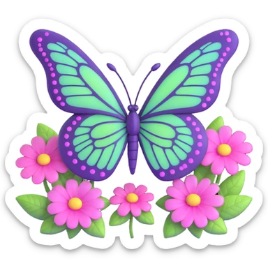 an enchanting butterfly in #c0ff53 green with purple-edged wings, glowing pink accents, detailed vein patterns, surrounded by shimmering magical dust and pastel pink flowers, 3D cartoon style, elegantly fantastical, transparent background, Discord icon sticker