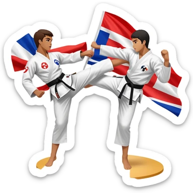 Two taekwondo fighters in a competition arena, one performing a high spinning kick towards the opponent’s head, while the other blocks with a precise guard. The background features a dynamic, bright arena with flags, emphasizing speed and agility in the martial art. Transparent background  sticker