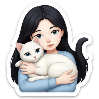Long black-haired girl hugging a white cat sticker