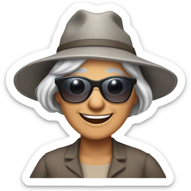smiling younger grandma with hat and sunglasses , longer grey hair outdoors with a  happy donkey. sticker