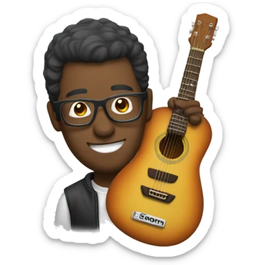 bespectacled man with guitar sticker
