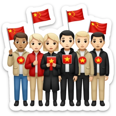 Chinese and Western white elites wearing grassroot clothing joining social movement sticker