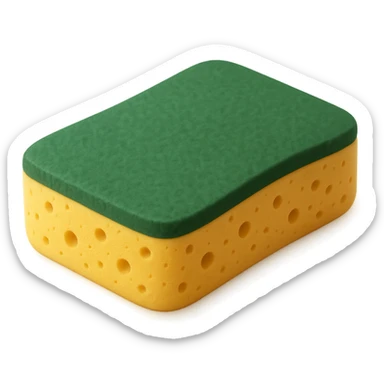 Show only one rectangular kitchen sponge with rounded edges. Dual-layer: soft, porous yellow base and green scrub layer on top. Texture is slightly springy and detailed, with tiny holes and surface grain. No soap, water, hands, or background elements, no faces. Clean, natural 3D rendering, soft lighting, subtle shadows, transparent background, emoji scale, optimized for clarity, texture, and recognizability at small size. The style should be clean and natural 3D rendering with soft lighting and subtle shadows, optimized for emoji scale. sticker