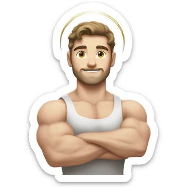 pretty muscular pale brunette man flexing with a halo sticker