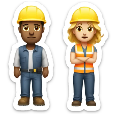 unhappy white woman and man with construction hat sticker