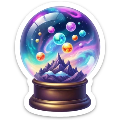 Tiny mystical mysterious sparkly cloudy magical glowing spherical nebula planets inside a glass globe dome sticker