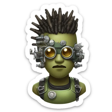 Olive green mohawk cyborg head with silver steampunk goggles, goatee and circuits sticker