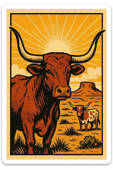 A front view of Texas longhorn cows with the American West in the background sticker
