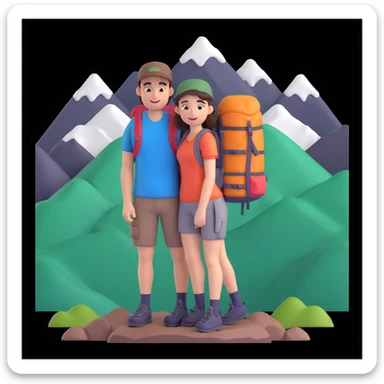 back packer couple posing, mountains in background,   close up pose sticker