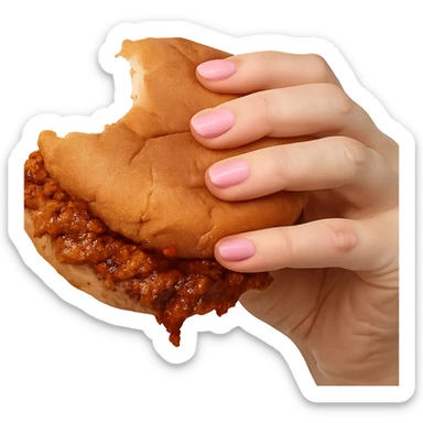 a sloppy sandwich with a bite on one side, held by a hand with pink nails sticker