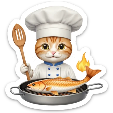 Cat with a hat cooking fish sticker