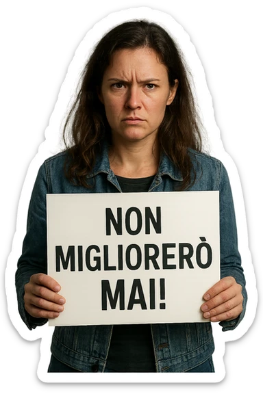 DONNA CHE TIENE UN CARTELLO IN MANO CON LA SCRITTA "NON MIGLIORERò MAI!", iperrealistico 4k sticker