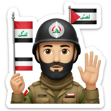 surrenders, depicts an Iraqi soldier from 1980, with a beard, in a helmet, a helmet with sign flag Iraq, with a balaclava, with sad eyes and both hands raised up sticker