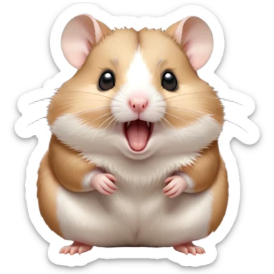 Cinematic Cute Yawning Brown and White Banded Hamster Portrait Emoji, Head tilted slightly with a dramatic, wide-open yawn, revealing a soft, banded fur of brown and white with tiny droopy ears, round dark eyes barely open in drowsy contentment, Simplified yet irresistibly adorable features, highly detailed, glowing with a soft, cozy glow, high shine, relaxed yet expressive, stylized with a touch of whimsy, bright and endearing, soft glowing outline, capturing the essence of a sleepy yet affectionate hamster, so drowsy it feels like it could stretch out of the screen and curl up for a nap! sticker