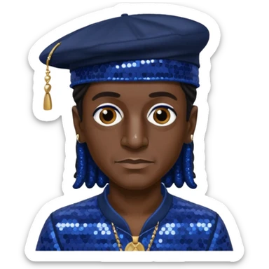 Flavor Flav with dark brown hair, indigo sequin outfit, black hat sticker