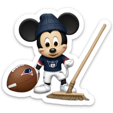 Mickey Mouse sweeping with a patriots jersey on sticker