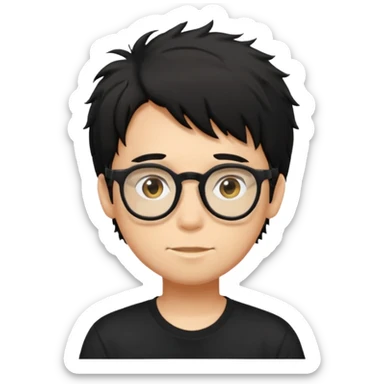 a light tan boy with messy a black hair and spectacles. wearing a black tshirt sticker