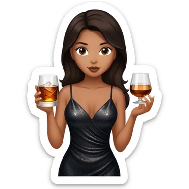 Beautiful woman in 1950’s woman fashion look, black shimmery dress, long dark brown hair, whisky with ice sticker