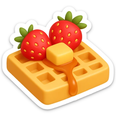 Add a golden waffle with a grid pattern, topped with a small square of melting butter and maple syrup drizzle, and add strawberries on top. The style should resemble emoji style with soft lighting and minimal shadows. No background. sticker