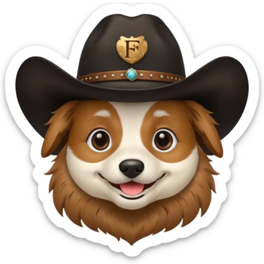 Dog wearing a black cowboy hat with initials FDT sticker