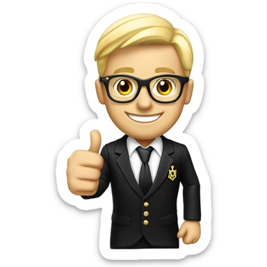 A modern blond , wearing glasses, English Freemason in a black lounge suit, giving a thumbs up , and smiling. He is wearing a Masonic jewel sticker