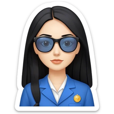 Fair skinned pretty woman with long straight black hair with sun glasses and blue teacher uniform  sticker