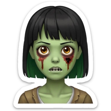 Uma zumbi com os cabelos pretos, mediano, liso e com franja, olhos castanhos sticker