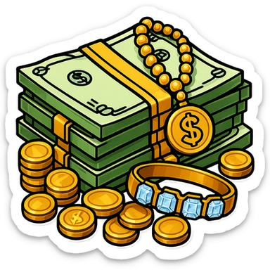 Make the stack of money look richer, add gold coins, jewelry, and a luxurious feel. The original style is sticker style, but sticker style does not support editing, so please keep the luxurious feel consistent with sticker style. sticker